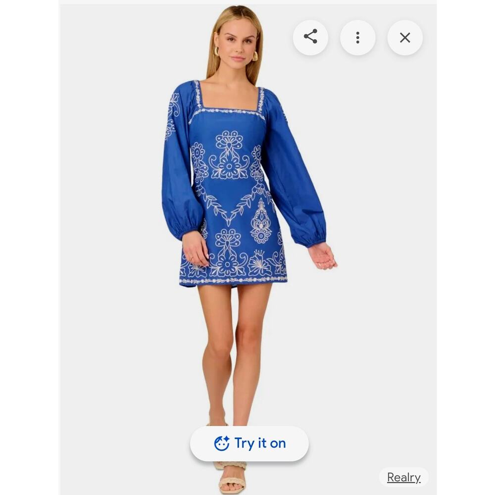 ADRIANNA PAPELL COTTON EMBROIDERED SHEATH DRESS SIZE 10 BLUE/WHITE
